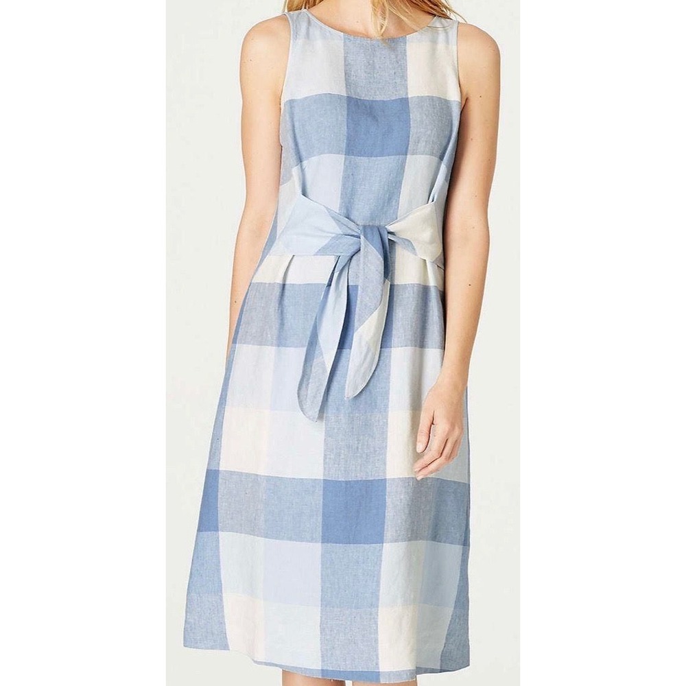 J. Jill Love Linen Gingham Tie Front Sleeveless Midi Dress 2X Blue White Resort